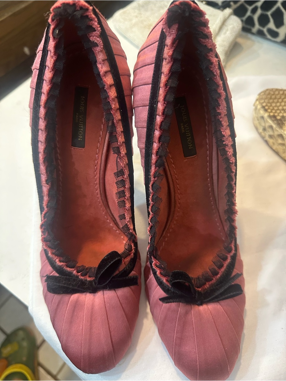 Louis Vuitton Pink Satin Heels with Black Trim and Bow